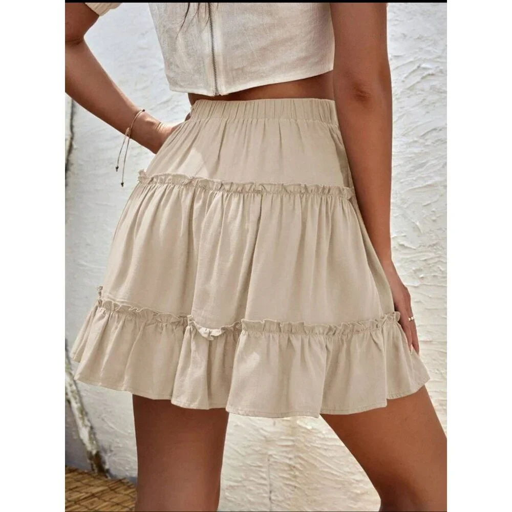 Tiered ruffle mini skirt elastic waist boho black - Picture 4 of 6